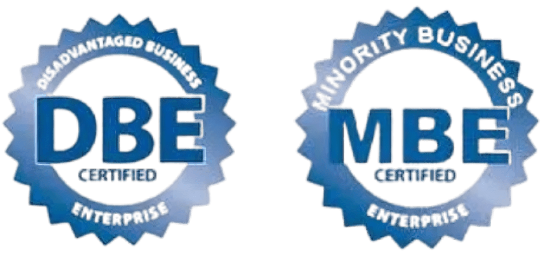 DBE and MBE certified business seals.