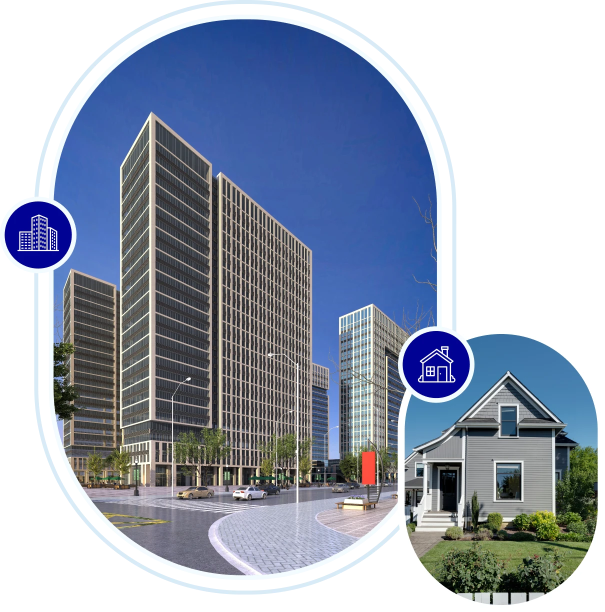 Skyscrapers and house with icons overlay.