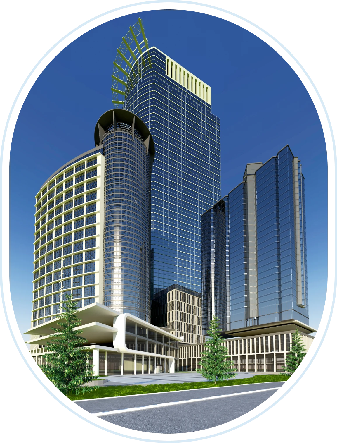 Modern skyscraper complex with glass facade.